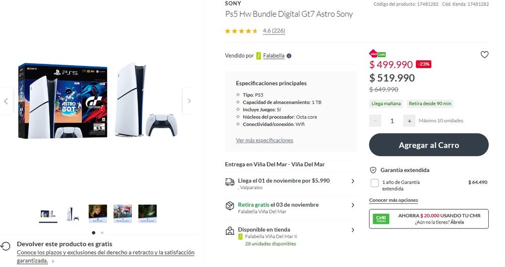 Precio de PS5 digital en Falabella Chile (octubre de 2025)