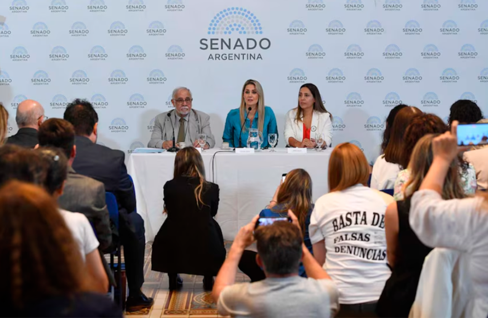 Los legisladores Carolina Losada (UCR) y Juan Carlos Pagotto (La Libertad Avanza) durante la jornada sobre falsas denuncias. Foto: Prensa Senado