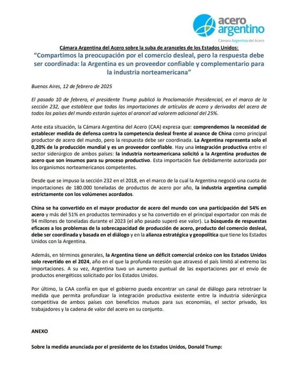 Comunicado de La Cámara Argentina del Acero sobre los aranceles de EE.UU.