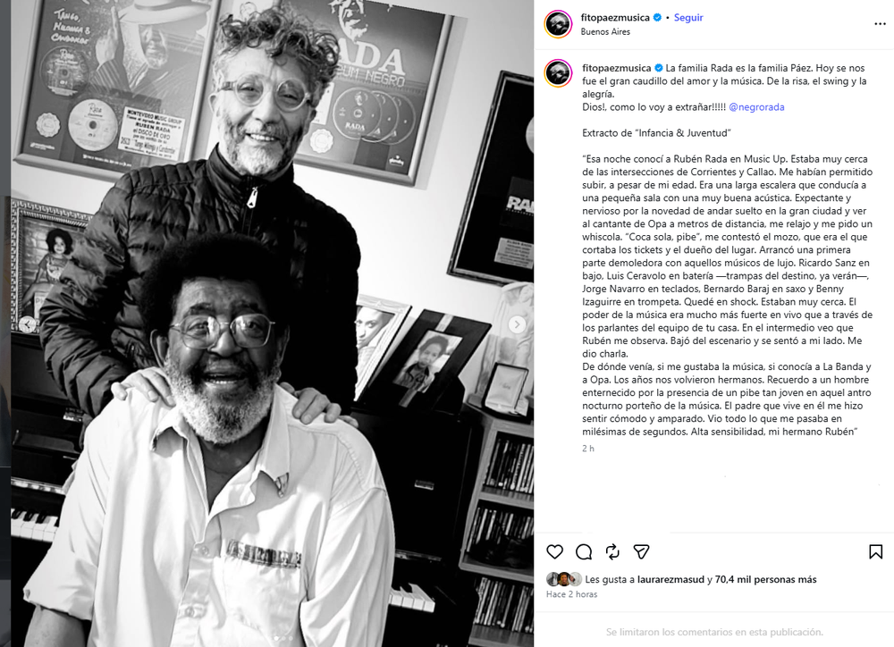 El mensaje de Fito Páez tras el fallecimiento de Rubén Rada