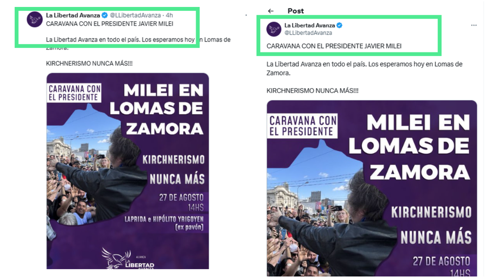 A la izquierda, un tuit de @LLibertadAvanza visto desde el feed del usuario; a la derecha, el mismo tuit visto en detalle. Allí se ve cómo los textos y los avatares se sitúan en lugares distintos.  