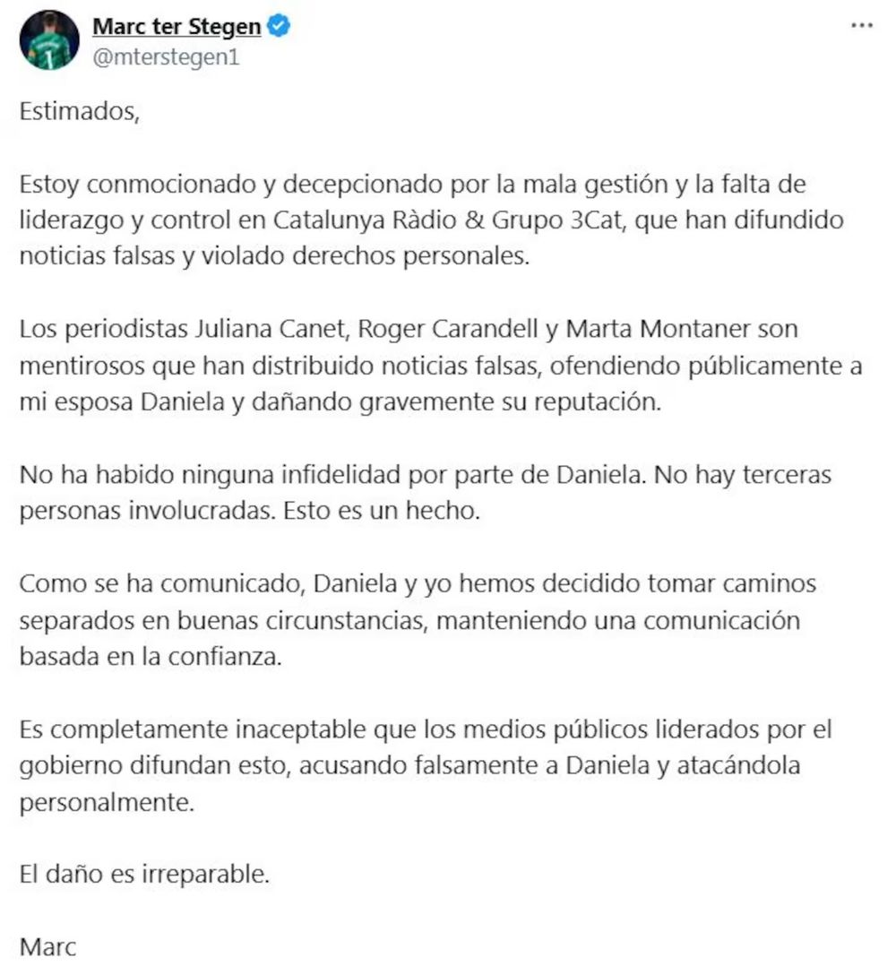 El comunicado de Ter Stegen contra la prensa espa&ntilde;ola