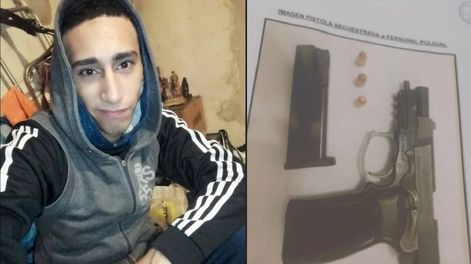 A la izquierda, el joven de 22 años identificado como Nicolás Da Silva. A la derecha, el arma que utilizó el policía para matarlo. / Clarín