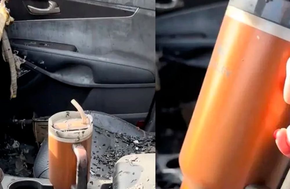 El vaso térmico Stanley, protagonista de un incendio y luego de un video viral. Foto Captura: TikTok / @danimarielettering