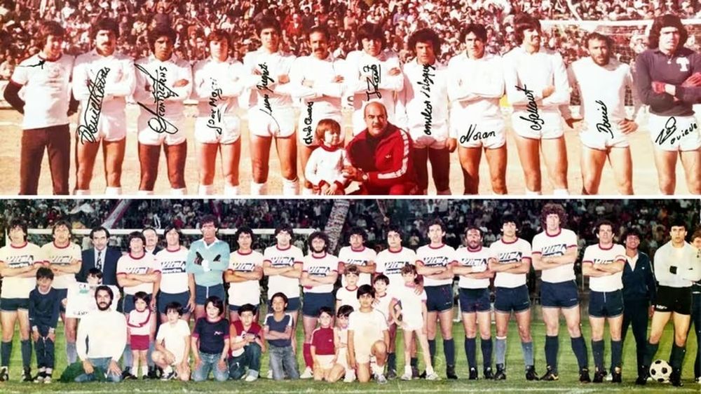 Abajo, Hurac&aacute;n (LH) posa con camisetas prestadas, en la previa de una final que marc&oacute; el primer logro lasherino en la Liga Mendocina.&nbsp;