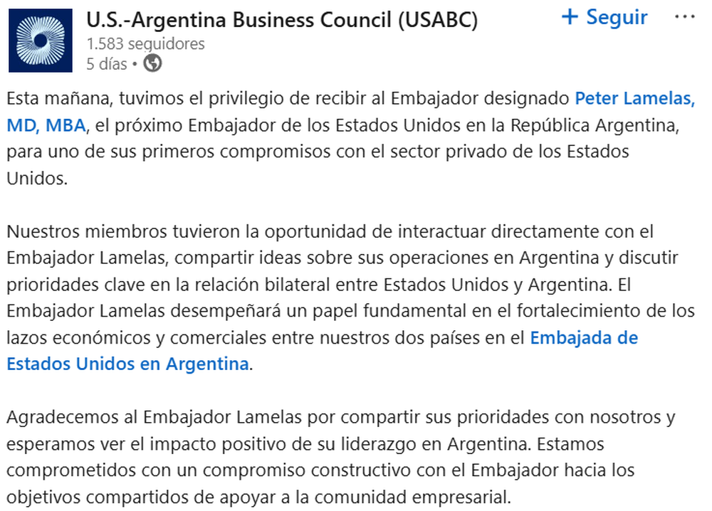 U.S.-Argentina Business Council sobre la reunión con el embajador Peter Lamelas.