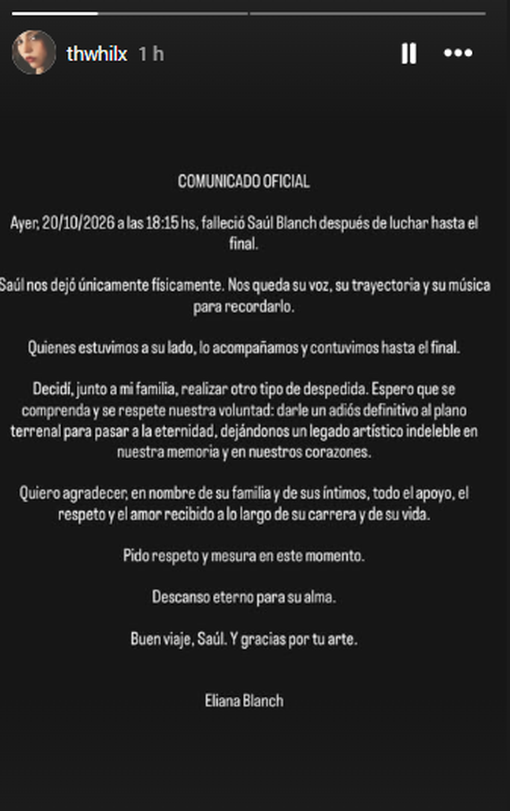 Comunicado de la hija de Saúl Blanch tras su fallecimiento
