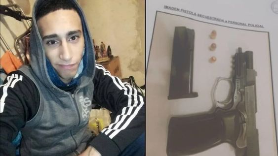 A la izquierda, el joven de 22 años identificado como Nicolás Da Silva. A la derecha, el arma que utilizó el policía para matarlo. / Clarín