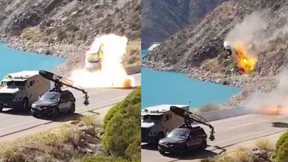 Escena de una persecución para la película Jaque Mate (Patagonik Films) filmada en Potrerillos, Luján de Cuyo. Foto: Captura video Hugo Gustavo Ortega / TikTok