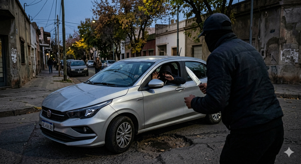 Lo atacó una patota cuando frenó por un bache