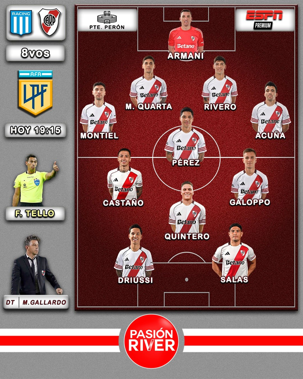 LIGA PROFESIONAL. La probable formaci&oacute;n de River para visitar a Racing por los octavos de final del Torneo Clausura 2025.&nbsp;