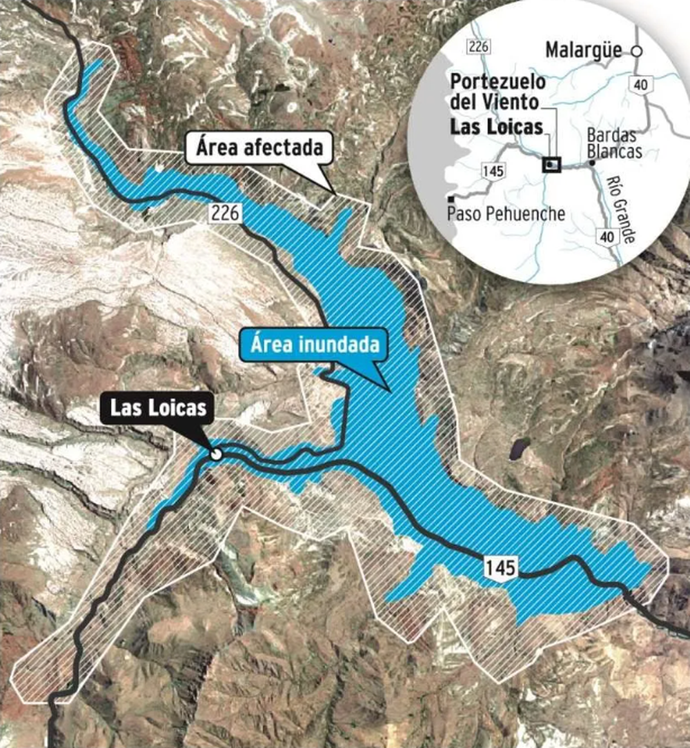 Así iba a quedar bejo el agua Las Loicas si se concretaba Portezuelo del Viento.