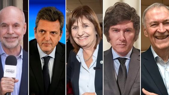 Horacio Rodríguez Larreta, Sergio Massa, Patricia Bullrich, Javier Milei y Juan Schiaretti, algunos de los precandidatos a presidente en las PASO 2023.
