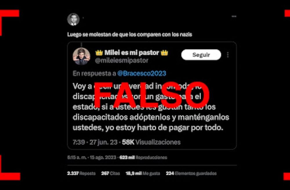 El mensaje en X que dice “los discapacitados son un gasto para el Estado” no es de Javier Milei ni de ninguna cuenta oficial de La Libertad Avanza