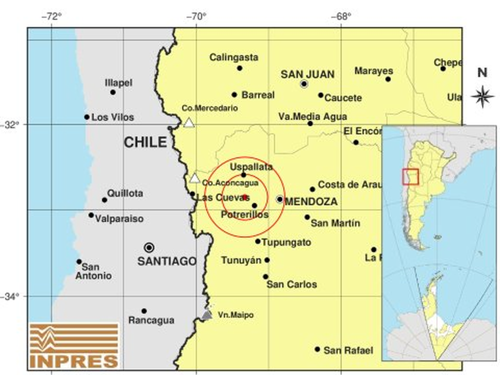 El temblor tuvo epicentro a 46km al oeste de Mendoza y a 16km al noroeste de Potrerillos.