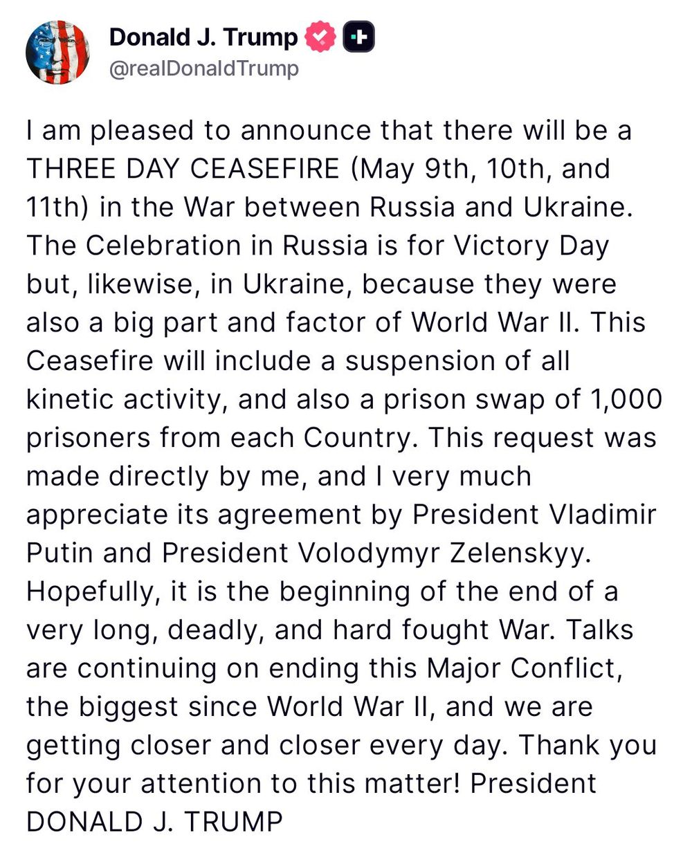 Donald Trump anunció una alto al fuego de tres días en la guerra entre Rusia y Ucrania