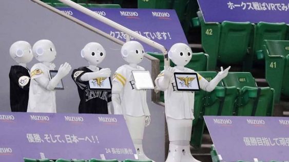 Robots Pepper en el estadio del equipo japonés de béisbol Fukuoka SoftBank Hawks. / Gentileza