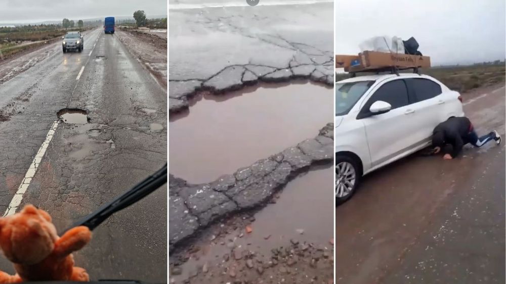 Baches en la Ruta 7: más de 14 autos sufrieron roturas de cubiertas en medio de la lluvia.