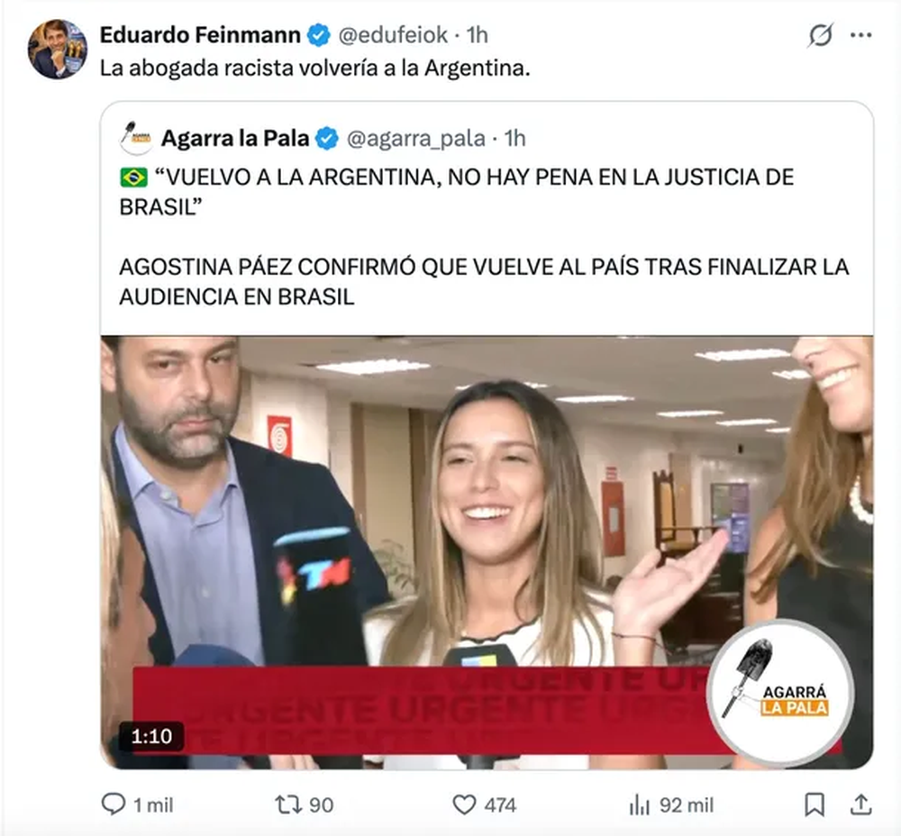 “No soy racista”: el descargo de Agostina Páez y la respuesta de Feinmann.  