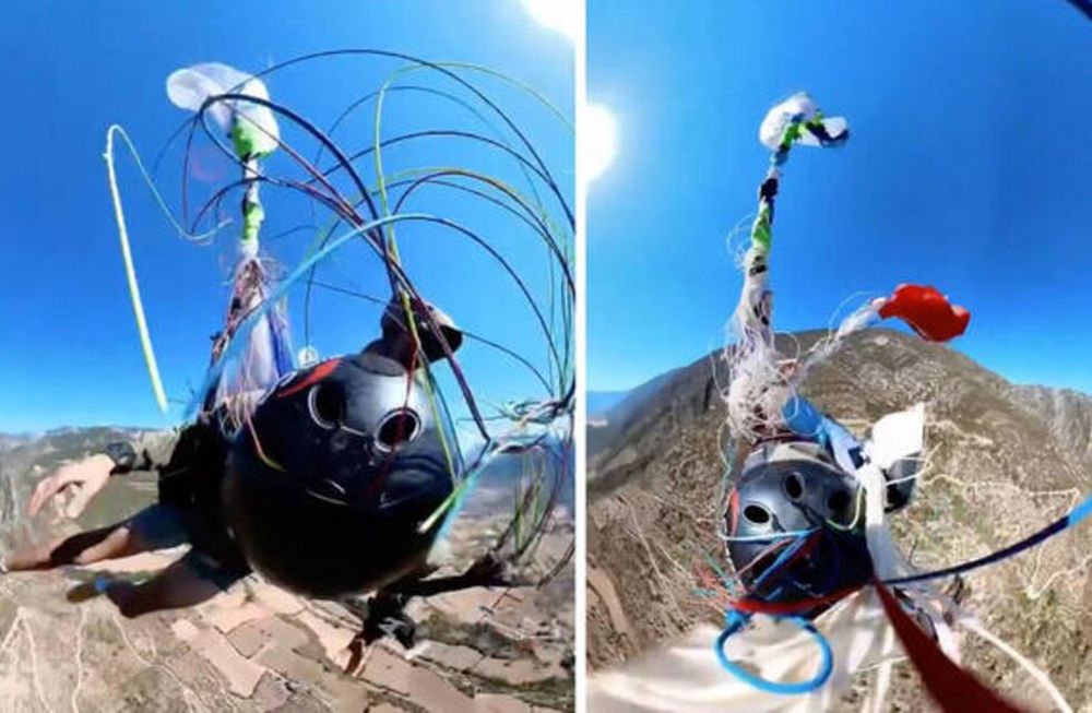 Kevin Philipp sufrió un susto de muerte cuando su paracaídas se enredó con los cables. Foto: Web