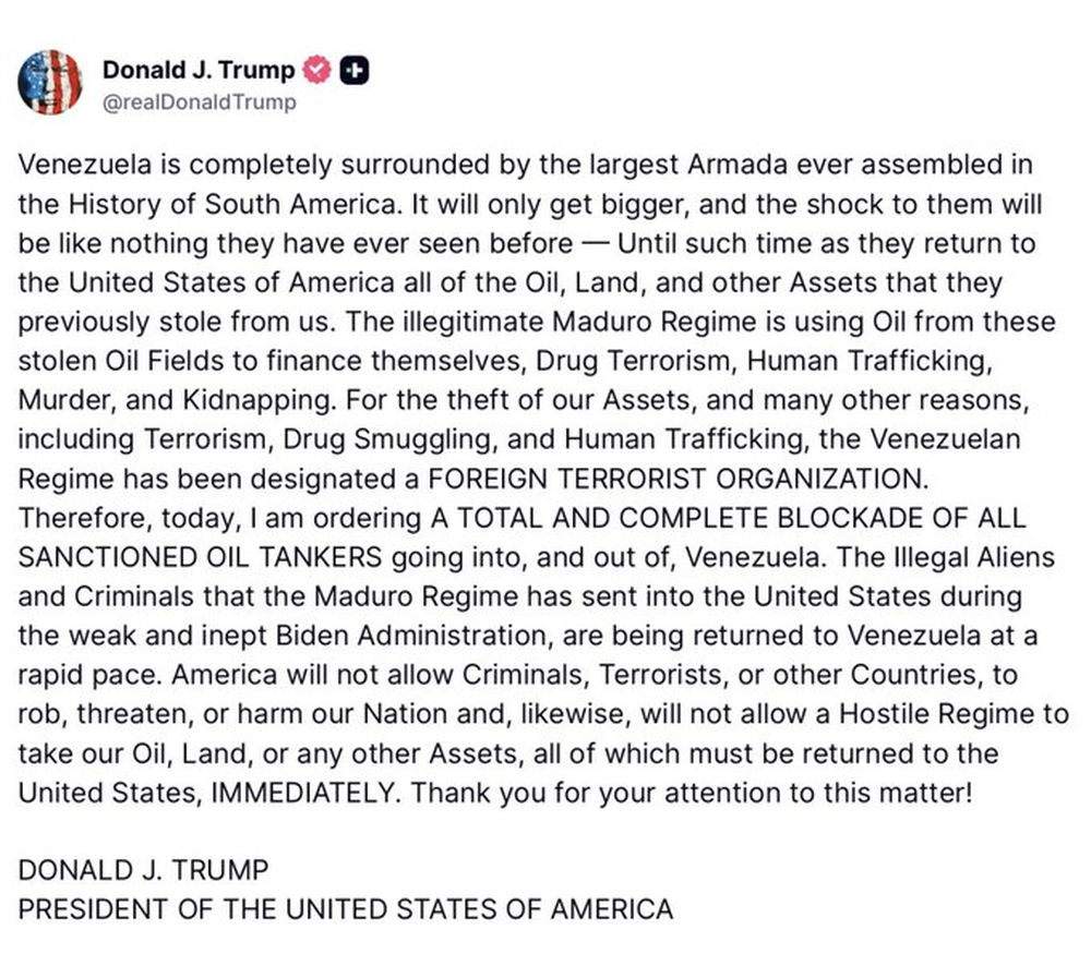 El comunicado de Donald Trump sobre el bloqueo de barcos petroleros venezolanos.