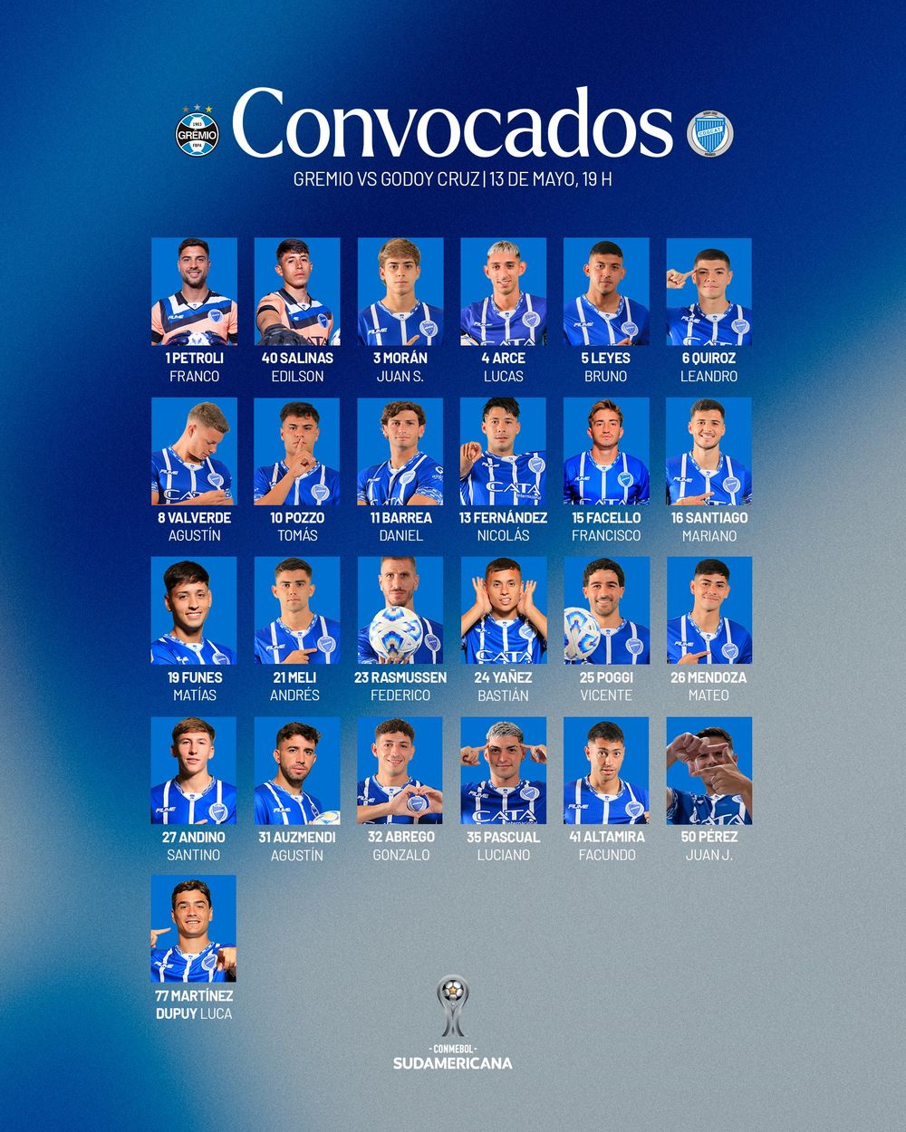 Godoy Cruz oyuncuları Gremio de Porto Alegre maçı için çağrıda bulundu.
