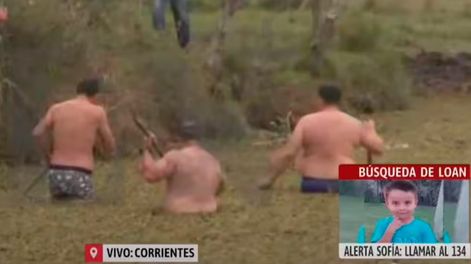 Cuatro efectivos de la policía rural de Corrientes ingresaron a un pantanal en búsqueda de rastros del niño desaparecido. Captura: X / @lanacionmas