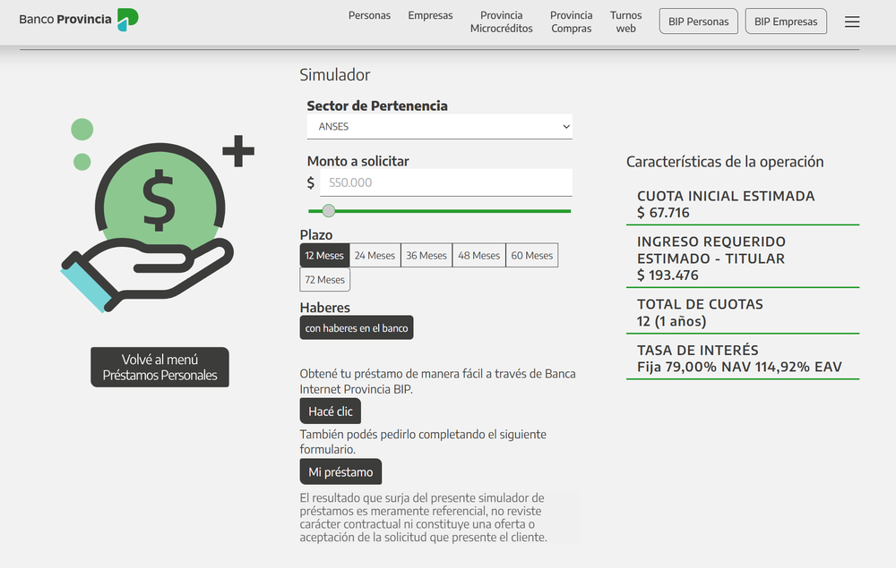 Para un cr&eacute;dito de $550.000 a 12 meses, se requiere un ingreso estimado de $193.476.