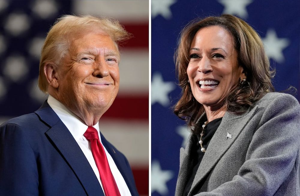 Esta combinación de fotos muestra al candidato presidencial republicano Donald Trump, a la izquierda, en un evento de campaña en Mint Hill, Carolina del Norte el 25 de septiembre del 2024, y a la derecha, la vicepresidenta Kamala Harris en un evento de campaña en Atlanta el 19 de octubre del 2024. (AP foto)