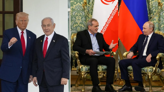 Donald Trump y Benjamín Netanyahu (izq). Vladimir Putin y Masoud Pezeshkian (der).
