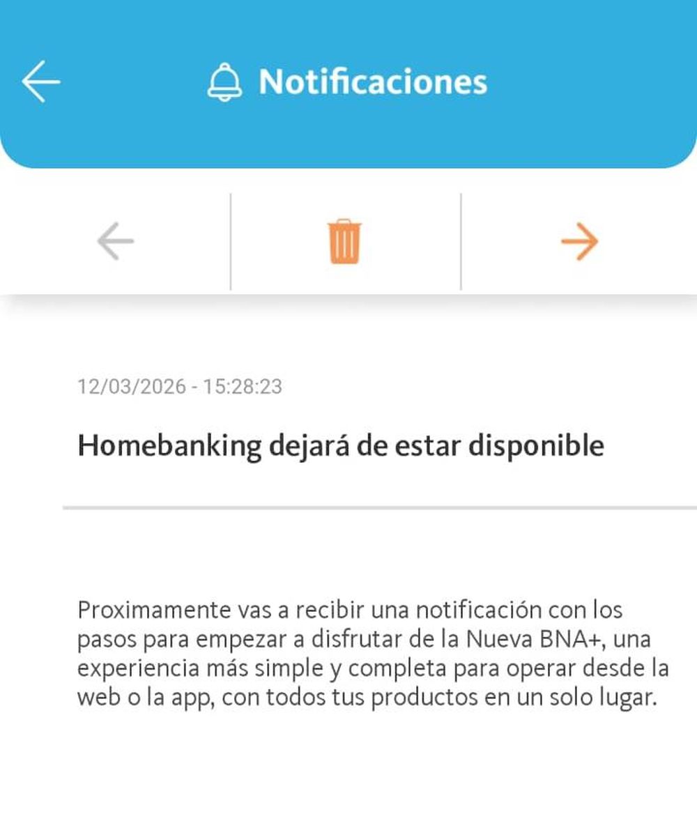 Notificación a clientes de BNA sobre el nuevo home banking