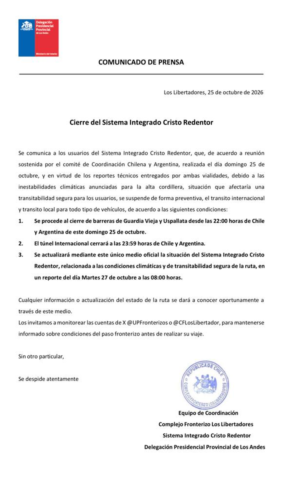 Comunicado sobre el Cierre del Paso Cristo Redentor.