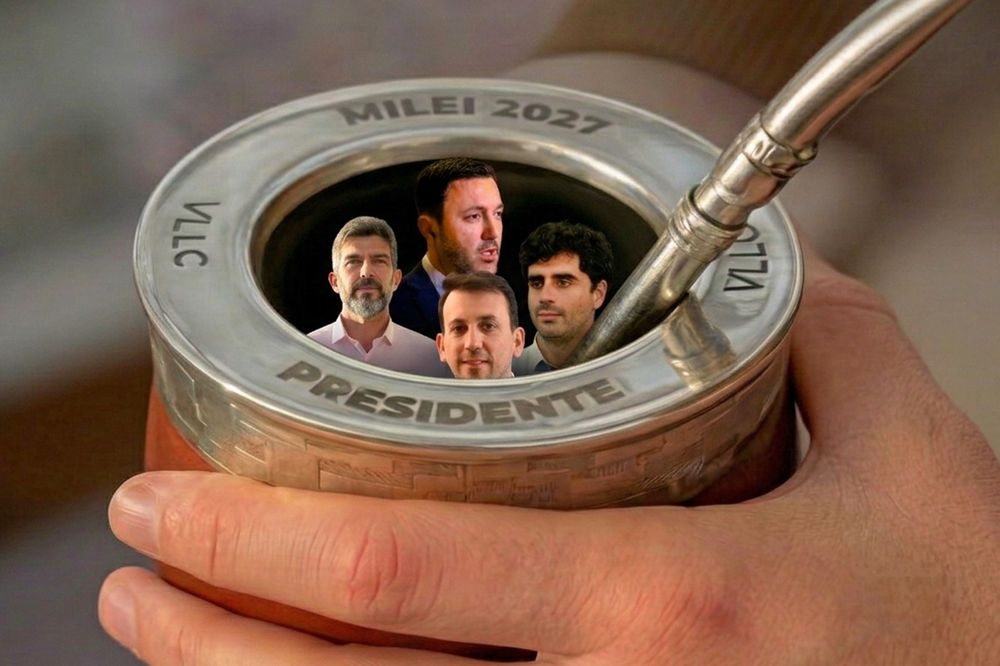 Precandidatos a gobernador del oficialismo: Ulpiano Suárez, Luis Petri, Natalio Mema y Tadeo García Zalazar. Foto: creación de la IA Gemini.&nbsp;