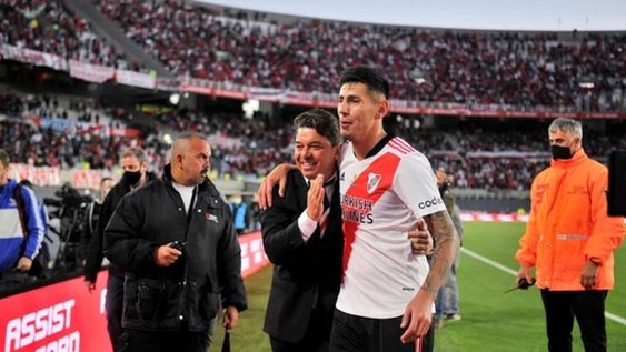 El defensor mendocino Fabrizio Angeleri junto al técnico Gallardo. No me imaginaba un River sin Marcelo, remarcó en Mendoza.