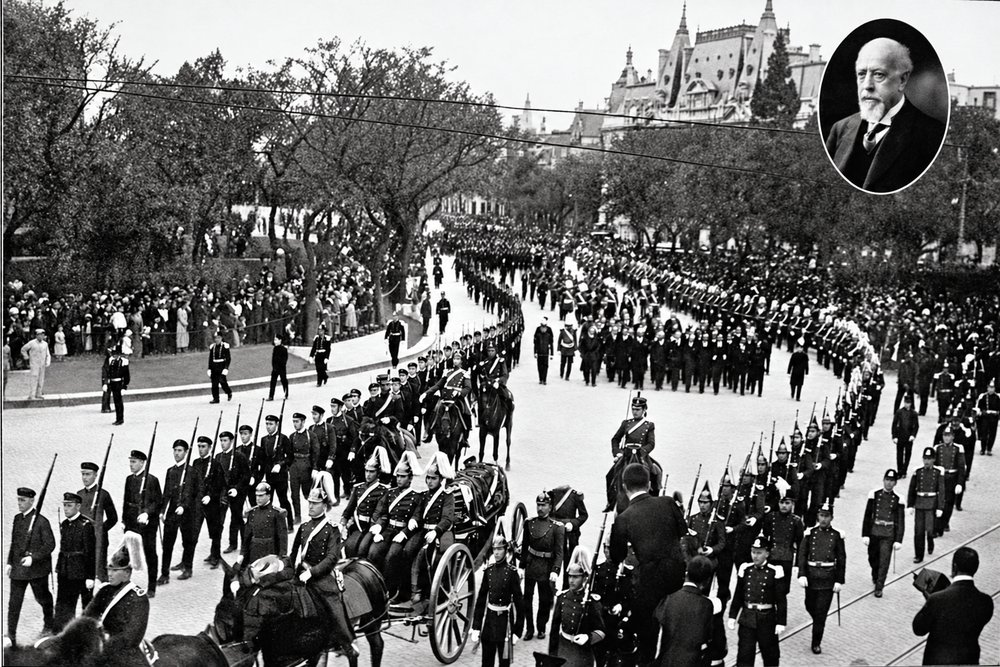 La despedida de Roca. El cortejo fúnebre atraviesa laPlaza San Martín, en Buenos Aires, en octubre de 1914. Tropas a pie y a caballoacompañan el féretro, mientras el público presencia el paso de la comitiva. Enel ángulo superior derecho, un retrato del expresidente. Fotografía restauradadigitalmente. Gentileza.&nbsp;