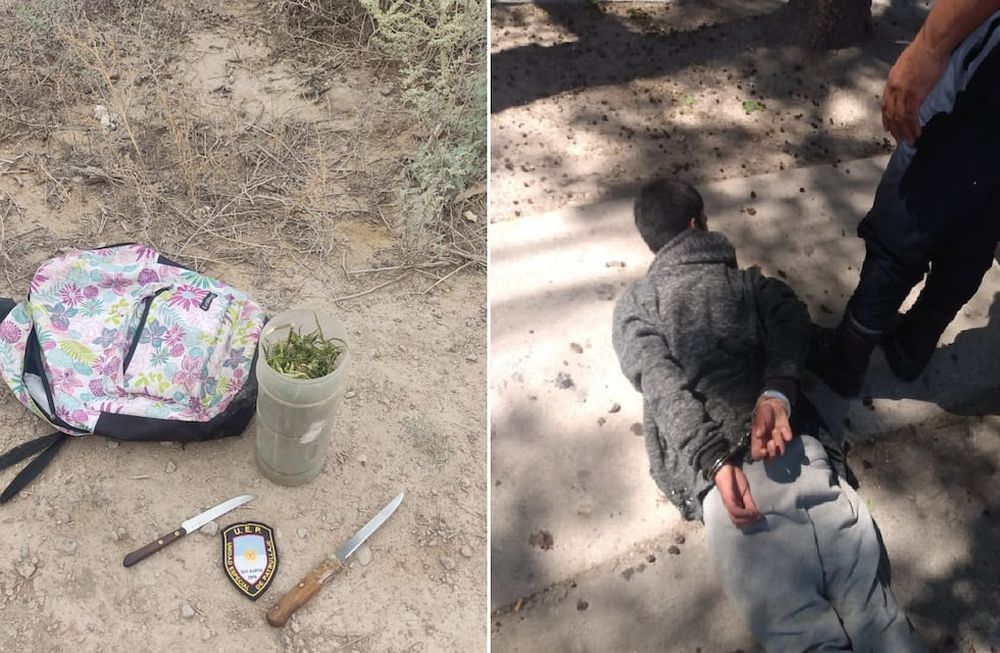 Detuvieron a un joven de 20 años en San Martín tras robarle a la bicicleta a una señora para huir con dos cuchillos y un frasco con marihuana. - Foto: Ministerio de Seguridad