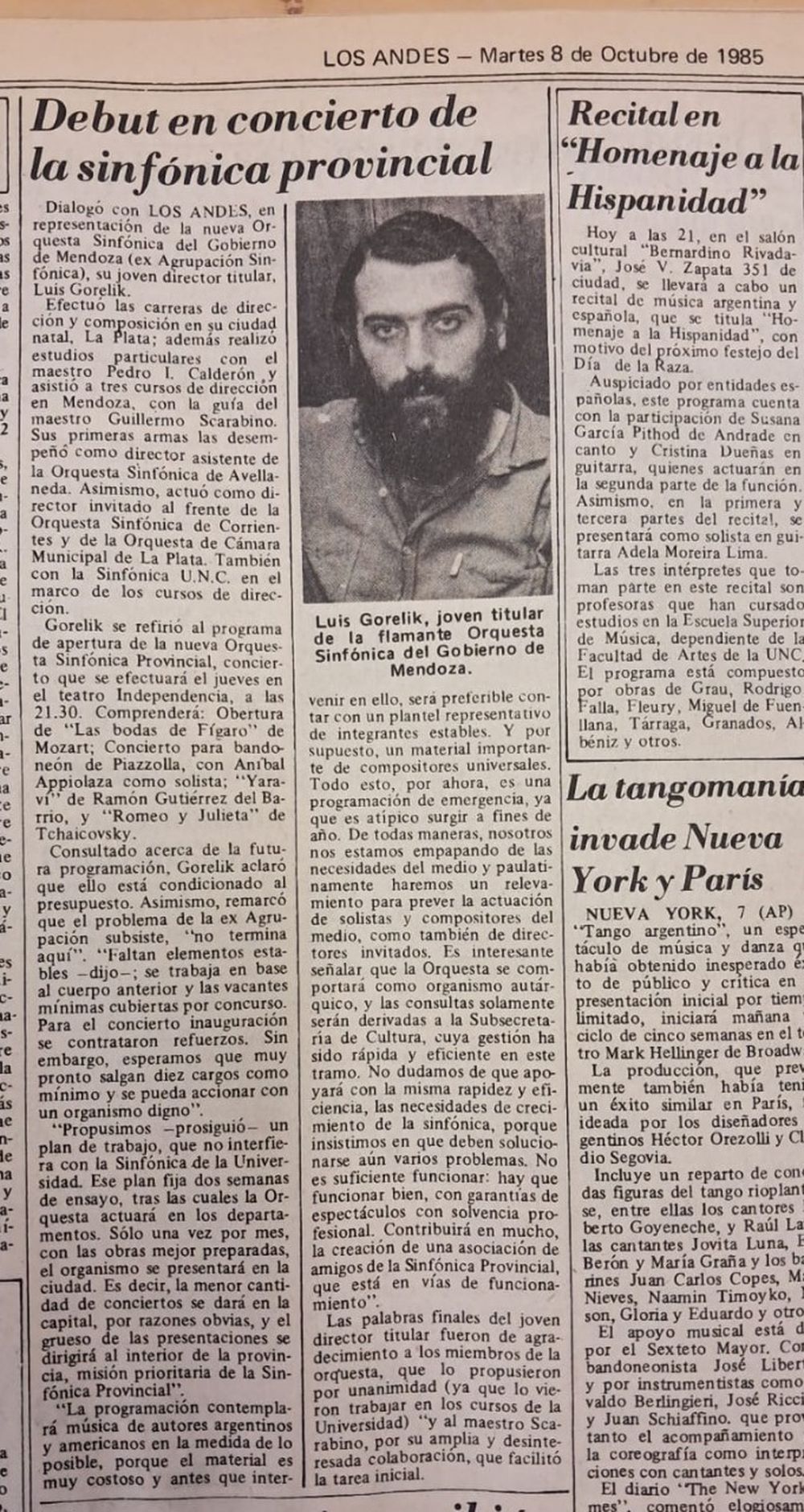 Facsímil de la noticia que publicó Los Andes en octubre de 1985 a propósito de la asunción del joven director Luis Gorelick (por entonces, de tan sólo 22 años) como director titular de la Filarmónica de Mendoza, que por entonces se llamaba Orquesta Sinfónica Provincial. 