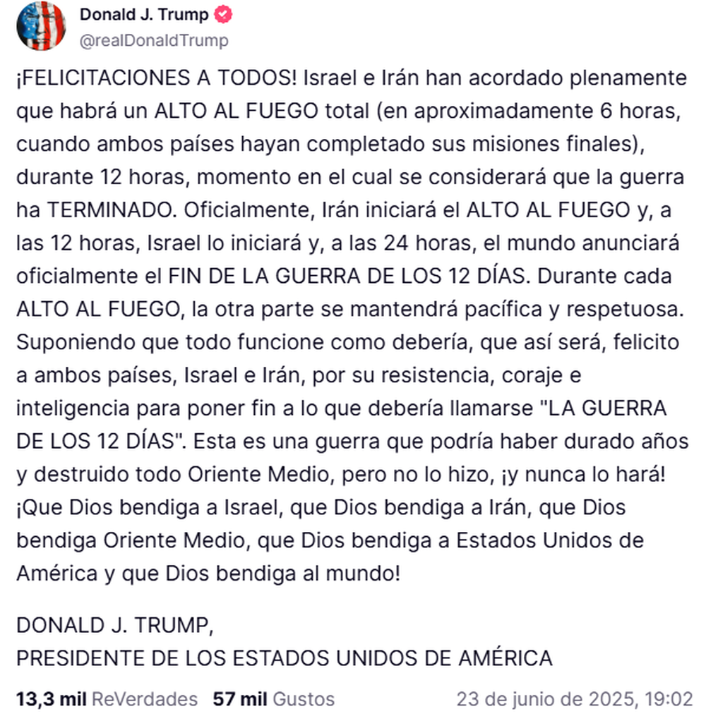 Donald Trump anunció el fin de la guerra entre Israel e Irán.