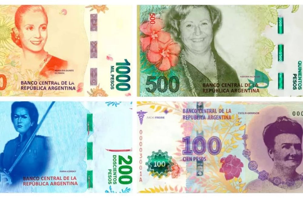 Ejemplos de posibles diseños. Evita en el billete de 1000, Azucena Villaflor en el de 500, Juana Azurdy en el de 200, y Cecilia Grierson en el de 100. / Foto: Twitter