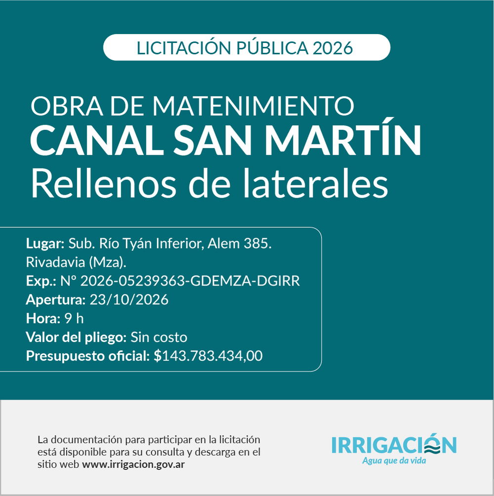 Irrigación llama a licitación pública para realizar trabajos de mantenimiento y rellenos laterales en el canal San Martín.