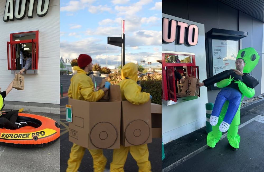 “Si vienes con un caballo, tractor, carreta, triciclo, cortacésped, dinosaurio t-rex o montado en cualquier cosa que no sea un auto, te llevas un menú de 5 tiras de pollo ¡gratis!”, expresó KFC España en sus redes sociales. Foto: Redes Sociales