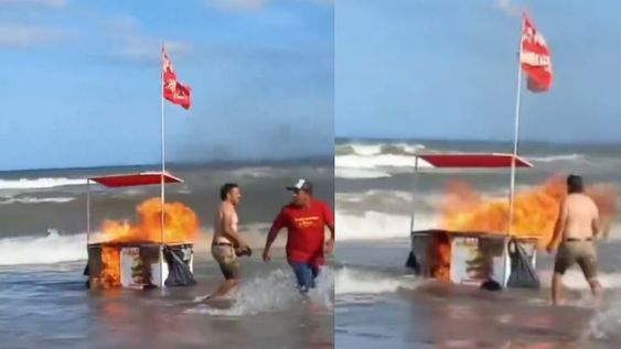 Algunos turistas ayudaron al vendedor a arrojar el puesto ambulante al mar, de otra forma, el episodio podría haber pasado a mayores. Foto: Captura video