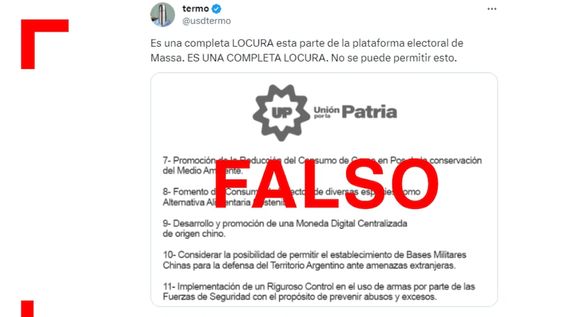 Es falso que la plataforma electoral de Unión por la Patria propone “reducir el consumo de carne y fomentar el consumo de insectos”. Es falso que la plataforma electoral de Unión por la Patria propone “reducir el consumo de carne y fomentar el consumo de insectos”.