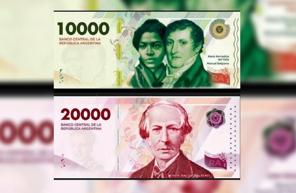 Diseño ilustrativo del nuevo billete de $10.000 con María Remedios del Valle y Manuel Belgrano y de $20.000 con Juan Bautista Alberdi