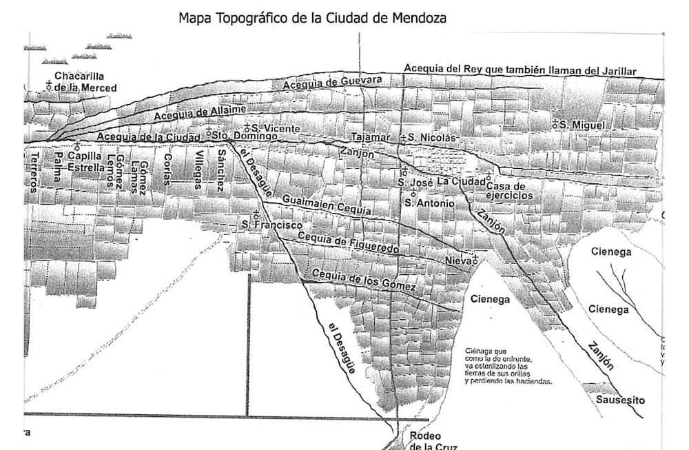 Plano topográfico de la Ciudad de Mendoza, datado en Mendoza el 24 de noviembre de 1802,hecho por el maestro Domingo García por orden de don Francisco José de Marán, Obispo de esa diócesis. Puede verse el dibujo del mismo en PONTE, Jorge Ricardo.. De los caciques del agua a la Mendoza de las Acequias “INCIHUSA, Conicef, Mendoza, 2006, pág. 152. También en CORIA, Luis Alberto, Evolución Económica de Mendoza en la época colonial (FCE, UN Cuyo, 1988, pág. 329).La imagen parcial que se consigue está tomada del libro de Ponte.