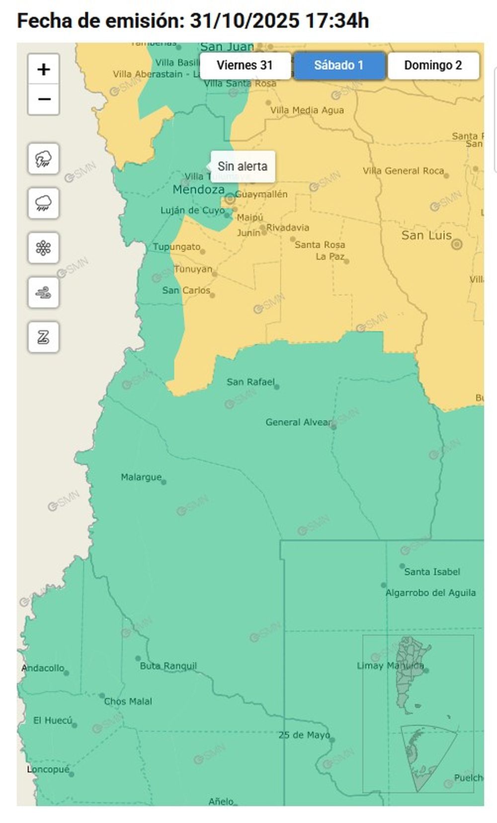 Alerta amarilla por tormentas y viento, según Servicio Meteorológico Nacional