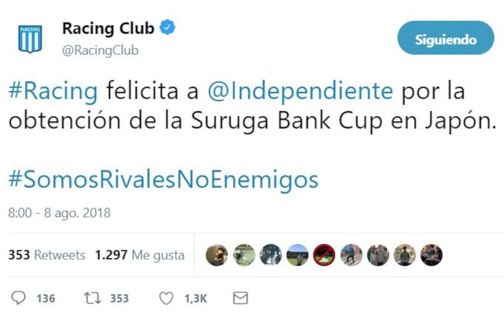 Rivales, no enemigos: Racing felicitó al Rojo por el título en Japón