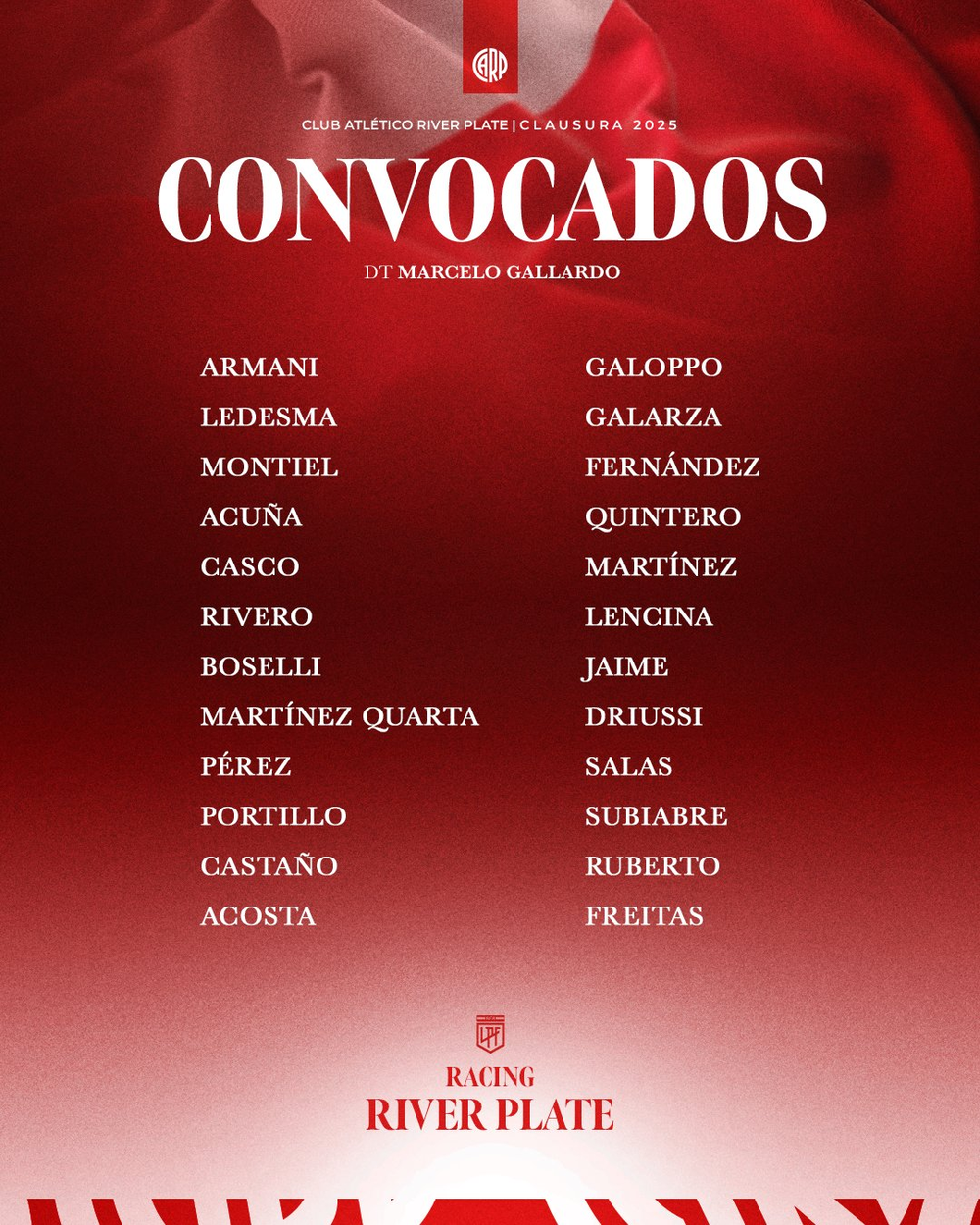 River Plate: los jugadores concentrados por Marcelo Gallardo para el duelo con Racing Club por los octavos de final de la Liga Profesional.&nbsp;