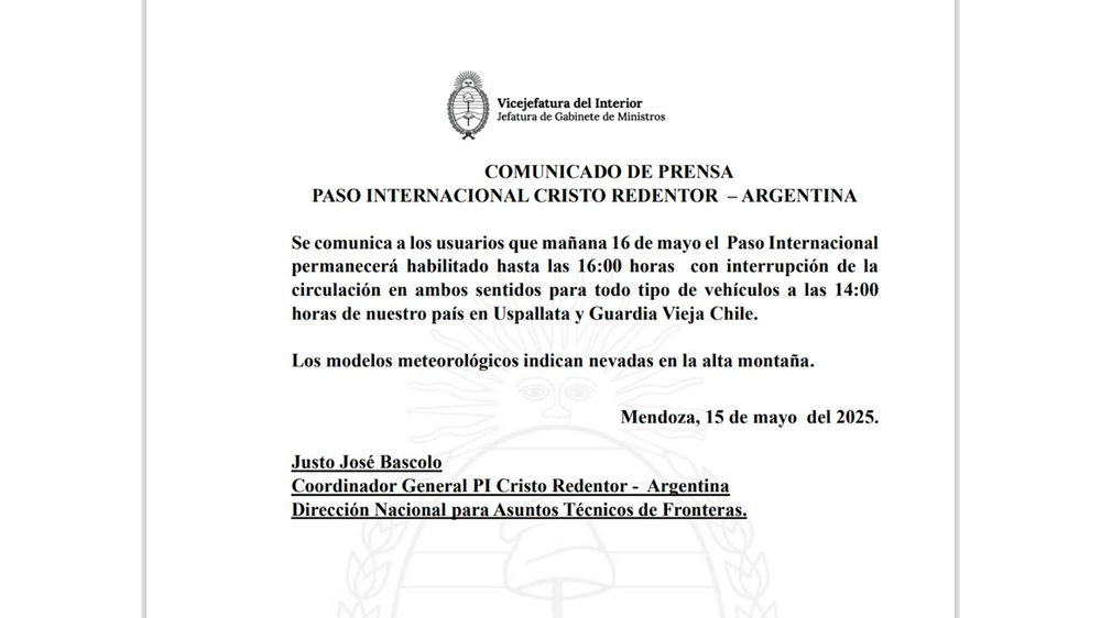 Paso Internacional Cristo Redentor con horario reducido para este viernes.