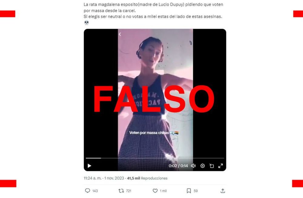 Es falso que la madre de Lucio Dupuy llamó a votar a Sergio Massa desde la cárcel; el video data de 2021 y no alude al candidato. Foto: Reverso